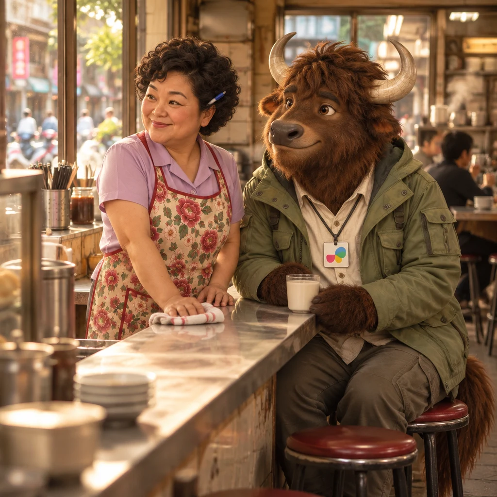 Auntie Lin pauses mid-wipe at the counter and nods toward the window while A-Li the yak occupies two stools beside unfinished soy milk.