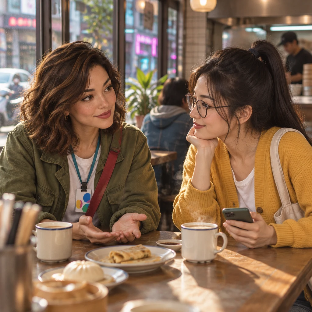 Maya turns fully toward Yi-Jun with open hands on the table, waiting on an answer.