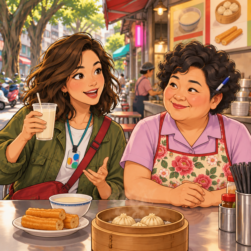 Maya tells Auntie Lin she likes soy milk, warmly holding up a cup of it.