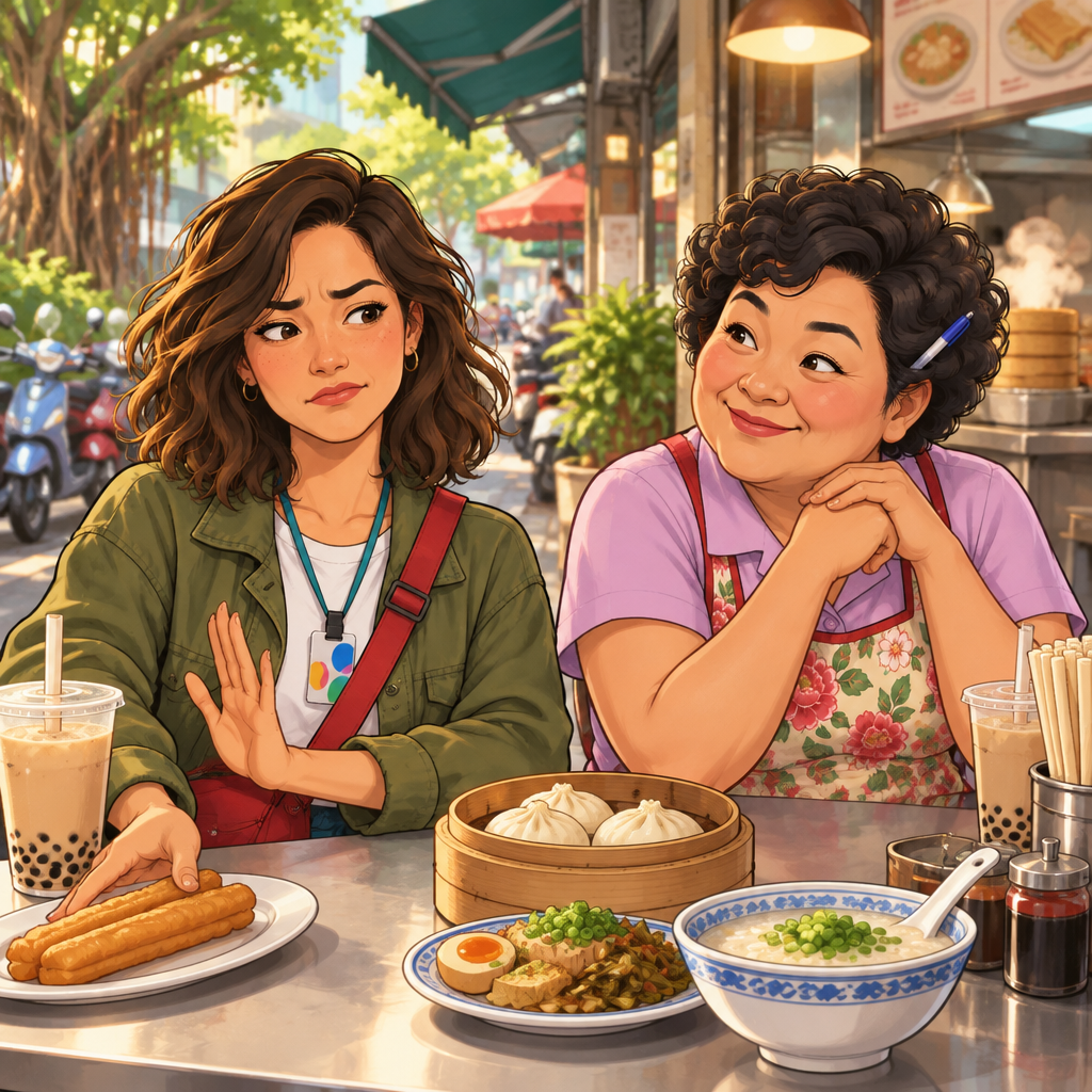 Maya tells Auntie Lin she dislikes a fried dough stick, gently pushing it away.