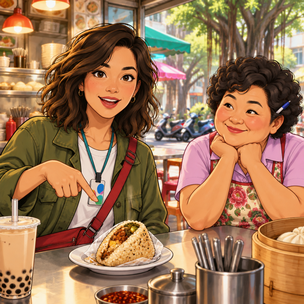 Maya identifies a Taiwanese rice ball as her favorite, pointing to it with a pleased smile.