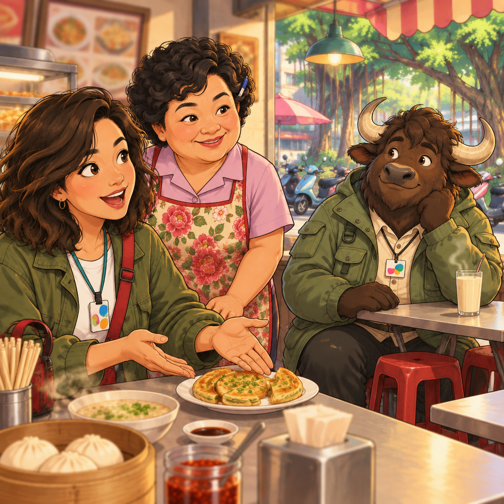 Maya asks A-Li whether he likes scallion pancake while Auntie Lin looks on.