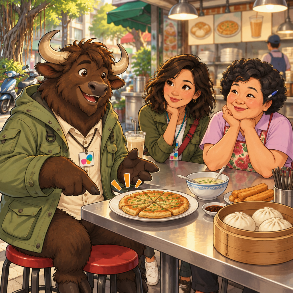 A-Li answers that he loves eating scallion pancake, with Maya and Auntie Lin listening.