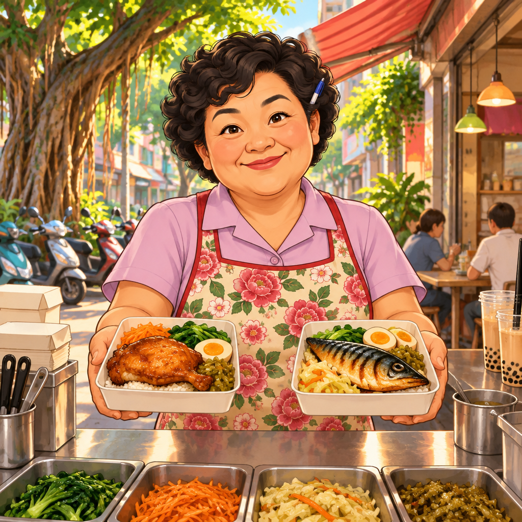 Auntie Lin presents the two lunch boxes with an open-handed gesture, looking content with either choice.