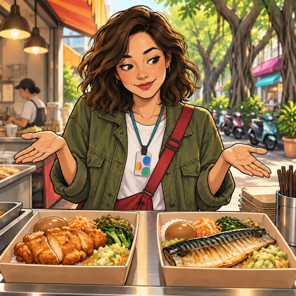Maya gives a small shrug beside the two lunch boxes, indicating that either choice is acceptable.