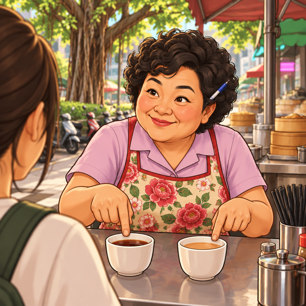 Auntie Lin leans toward Maya and gestures between two plain tea cups as she asks for her preference.