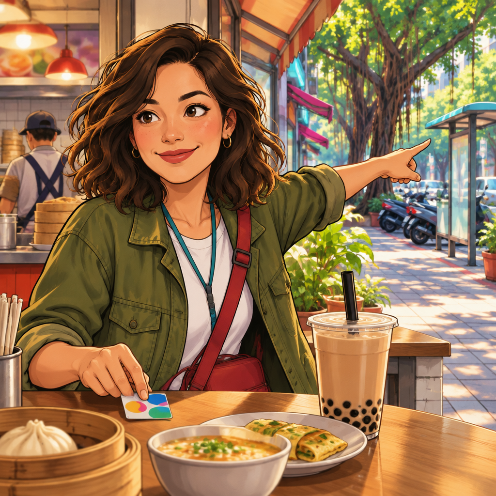 Maya gestures toward the sidewalk outside while setting a bus card aside on the counter.