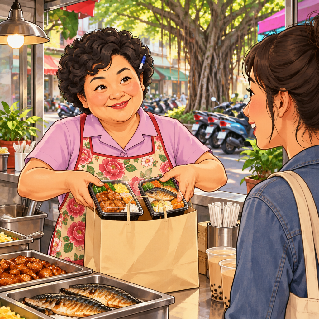 Auntie Lin places both lunch boxes together in a takeaway bag as she proposes ordering both.