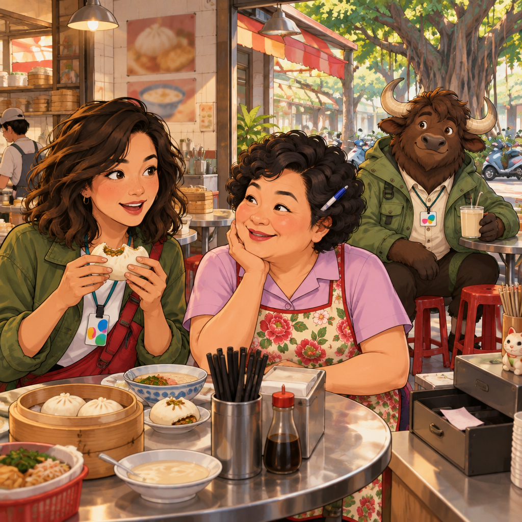 Maya eats a bun with Auntie Lin at a busy but relaxed breakfast shop while Ali sits at the back with unfinished soy milk and a folded fortune slip in the till.