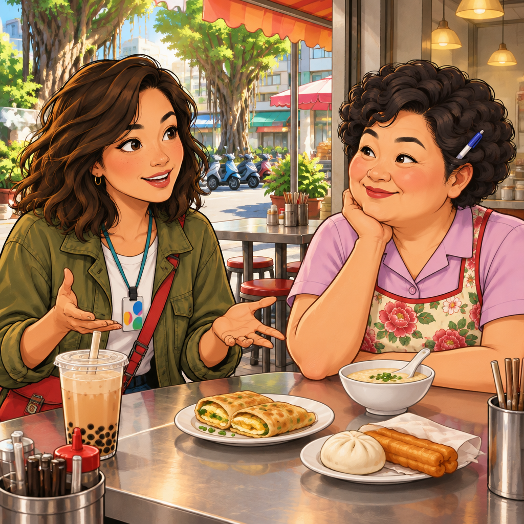 Maya turns toward Auntie Lin at the breakfast table and invites her to share what she does on weekends.