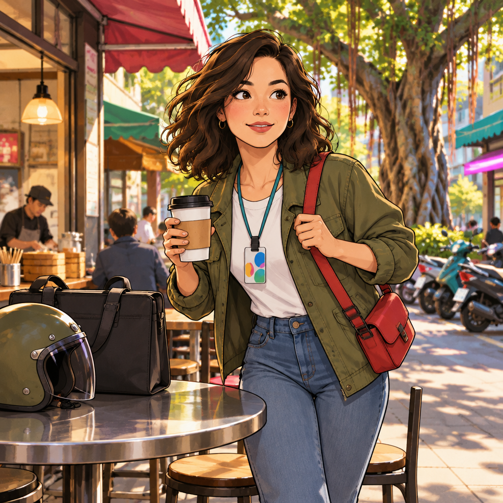 Maya has coffee at the breakfast shop and is ready to leave for work.