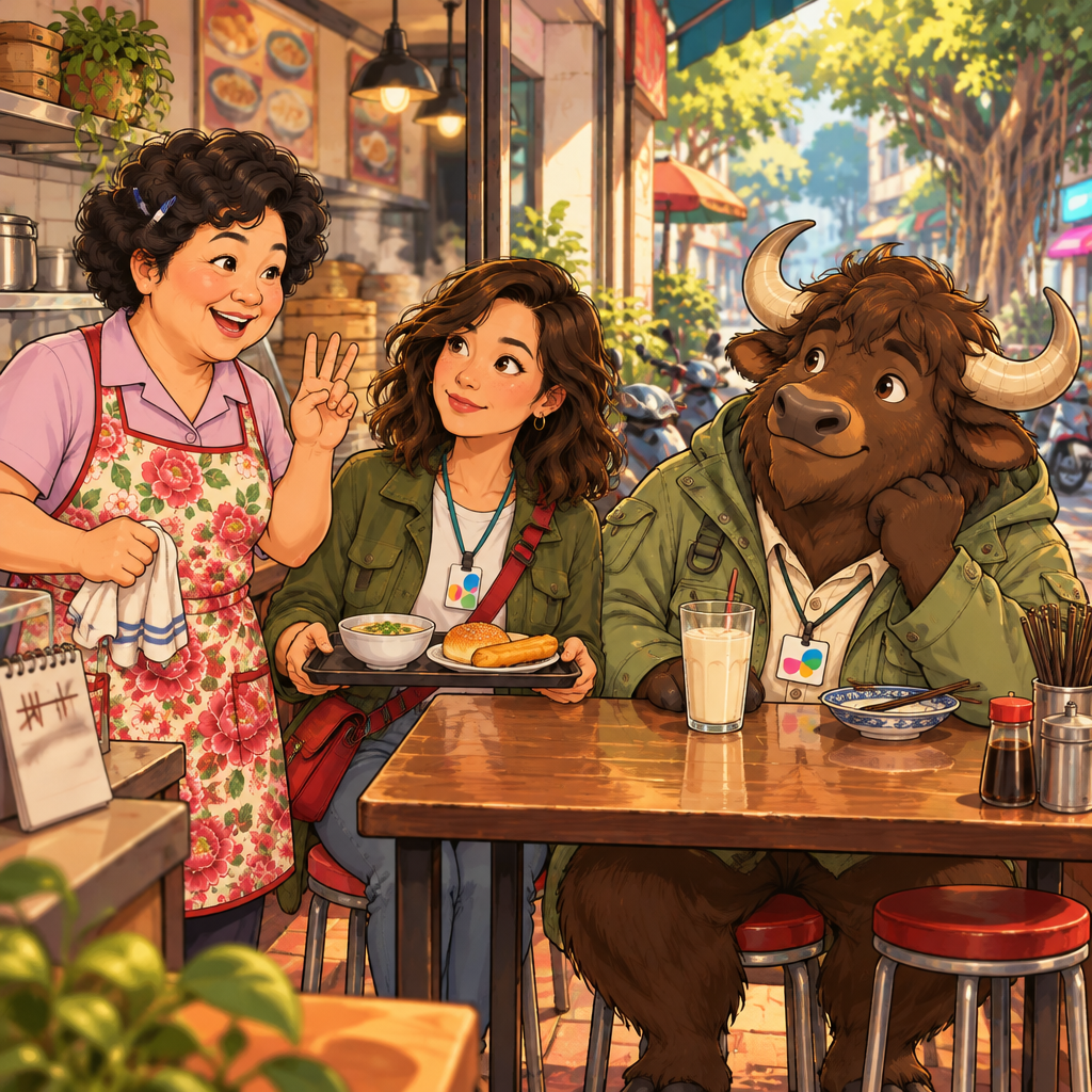 Auntie Lin speaks about a weekly routine while Maya listens and A-Li sits beside his unfinished soy milk.