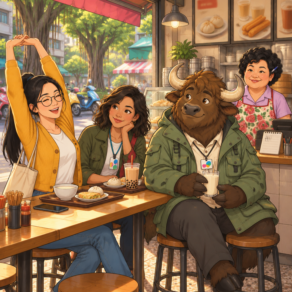 Yijun describes a daily activity lasting about an hour while Maya and Auntie Lin listen.