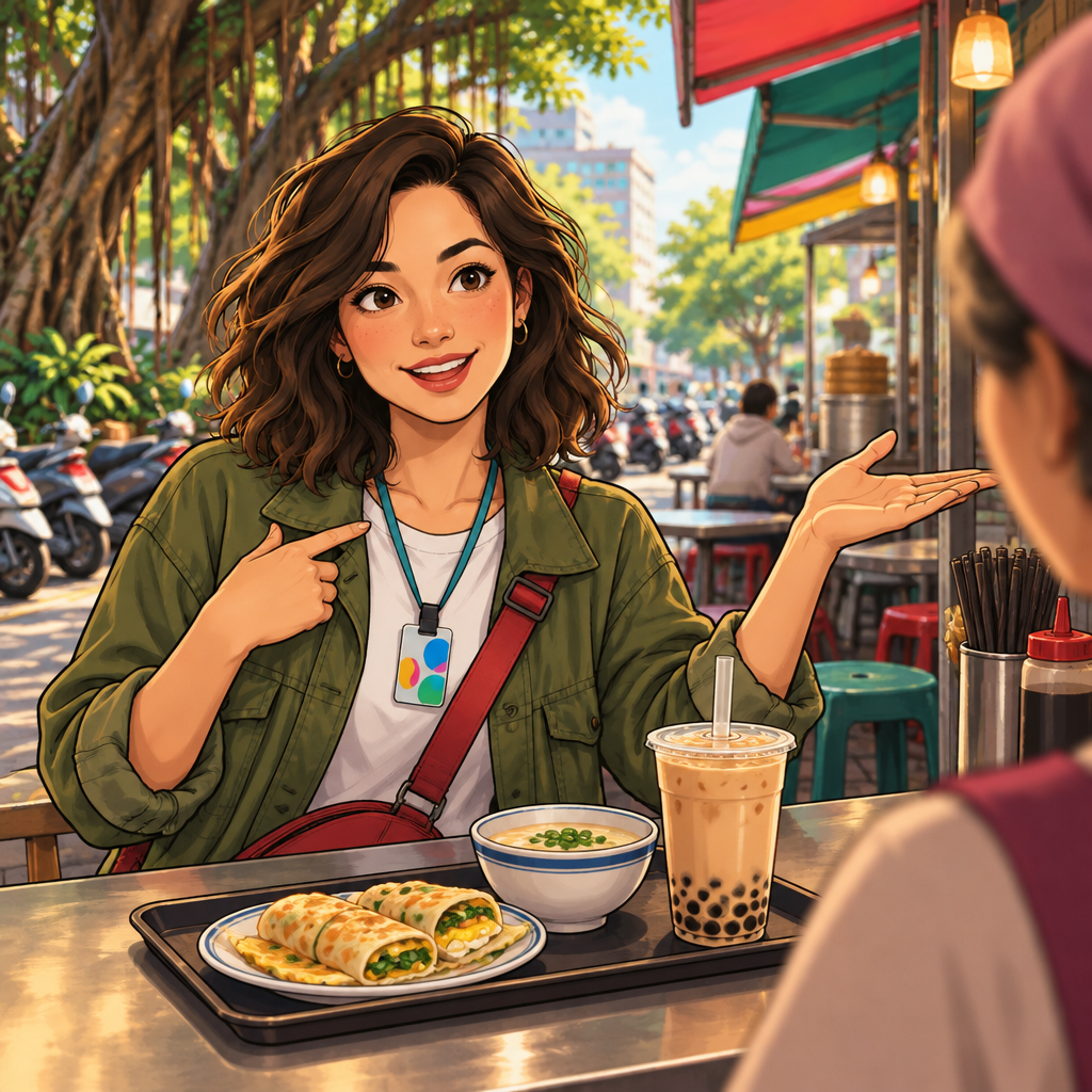 Maya gestures warmly toward the familiar breakfast shop as she describes coming there often.