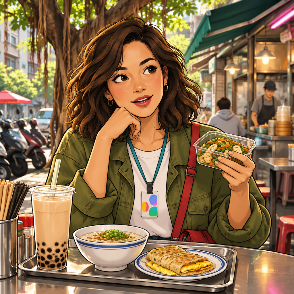 Maya describes occasionally cooking while holding a small home-prepared dish at breakfast.