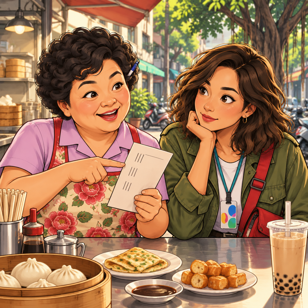 Auntie Lin gestures toward the visit tally as Maya listens, recalling that Maya used to come more often.