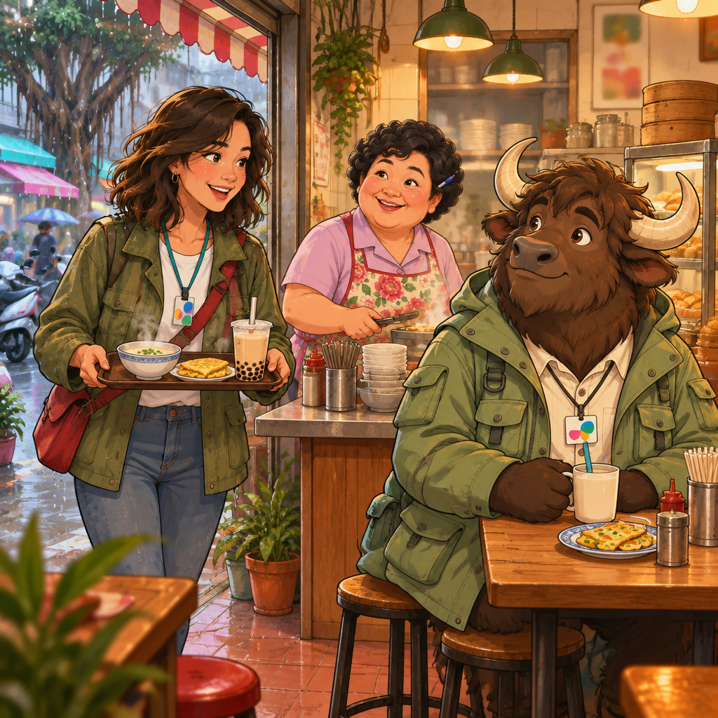 Maya arrives damp from the rain while Auntie Lin notices her lateness and A-Li sits nearby with unfinished soy milk and an egg pancake.