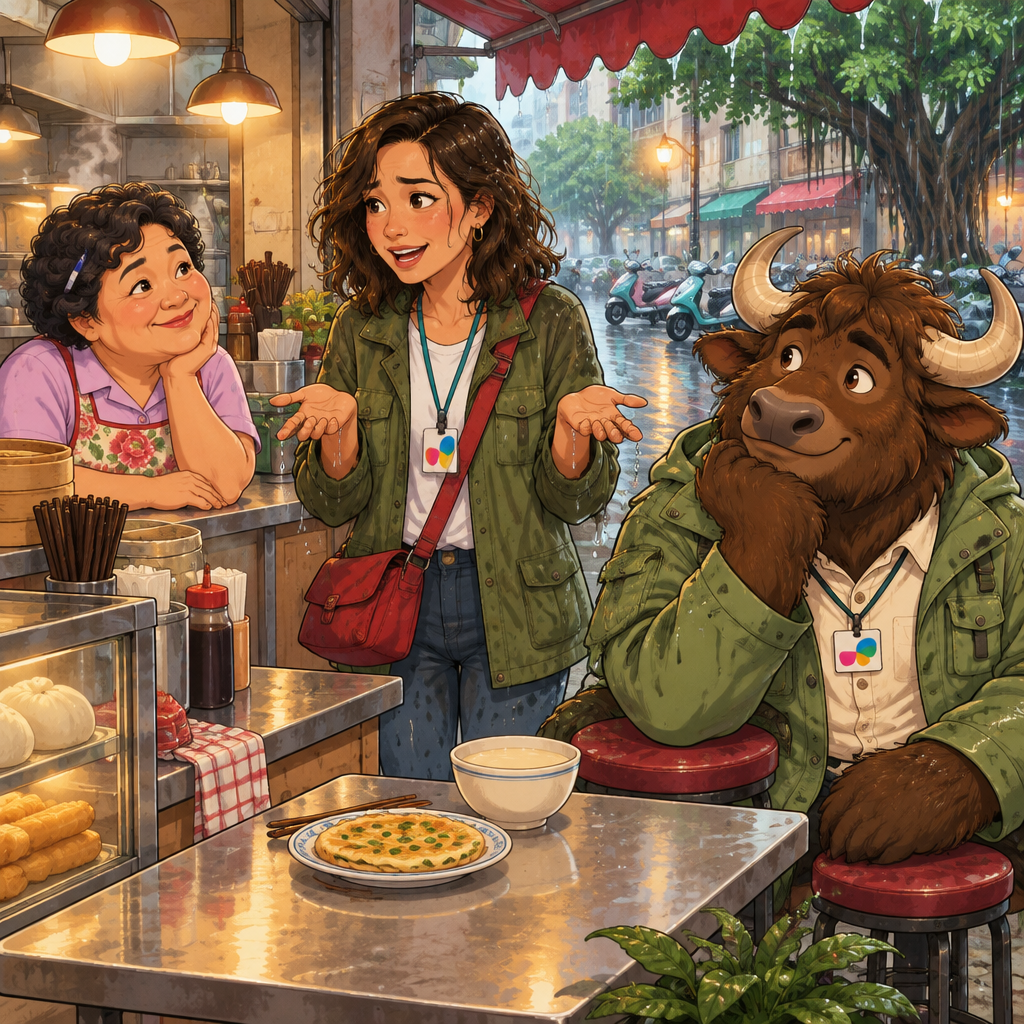 Maya explains that she has no umbrella, gesturing toward her rain-soaked clothes.