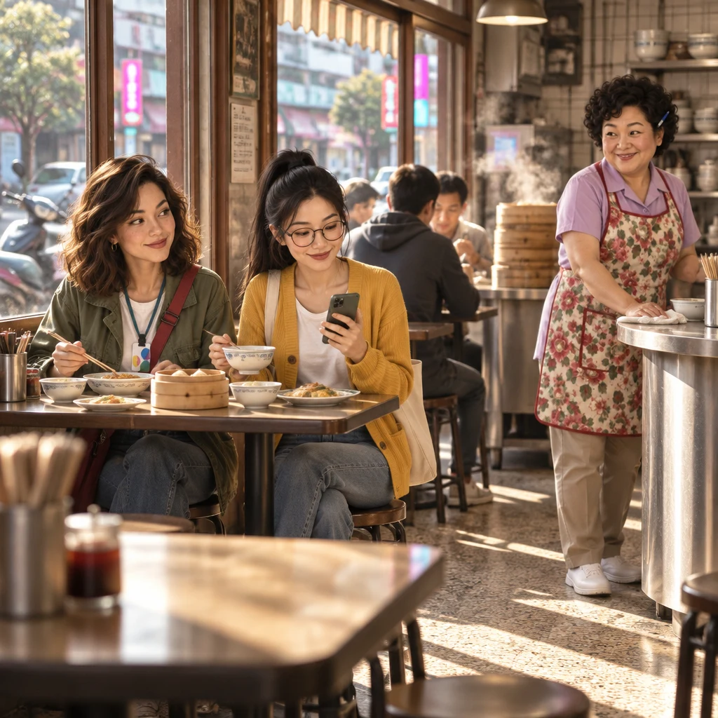 A busy sunlit breakfast shop with Maya and Yi-Jun at the window table while Auntie Lin wipes the counter.