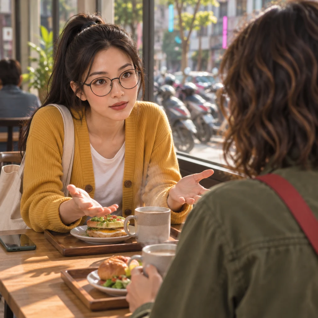 Yi-Jun leans forward at the window table with both palms open toward Maya, asking why the question was put that way.
