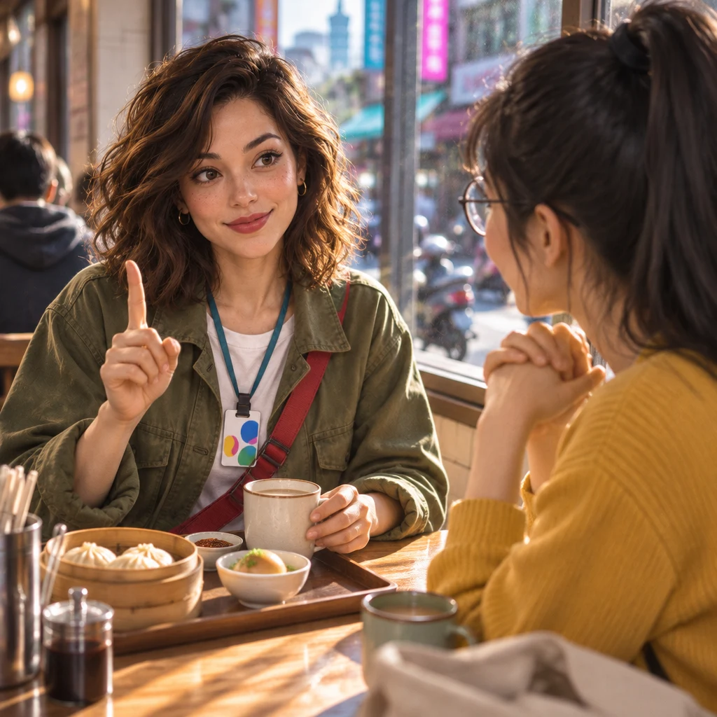 Maya sits at the window table holding up one finger over the breakfast tray toward Yi-Jun.