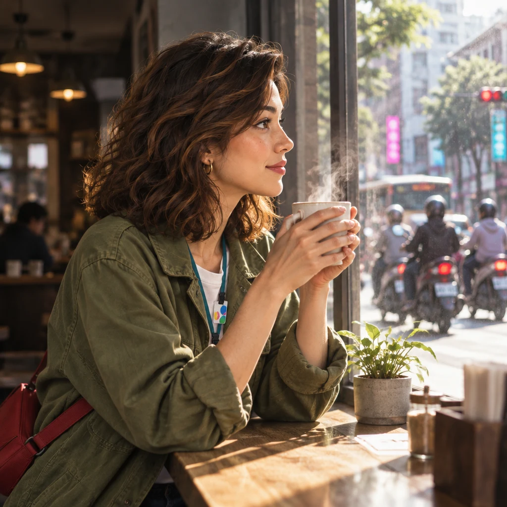 Maya turns toward the bright window with both hands around a warm cup, shoulders slightly hunched while remembering an old problem.