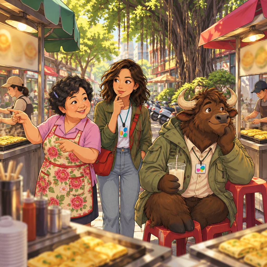 Maya compares two open egg-pancake stands while Auntie Lin helps and Ali favors the closer stand beside his unfinished soy milk.