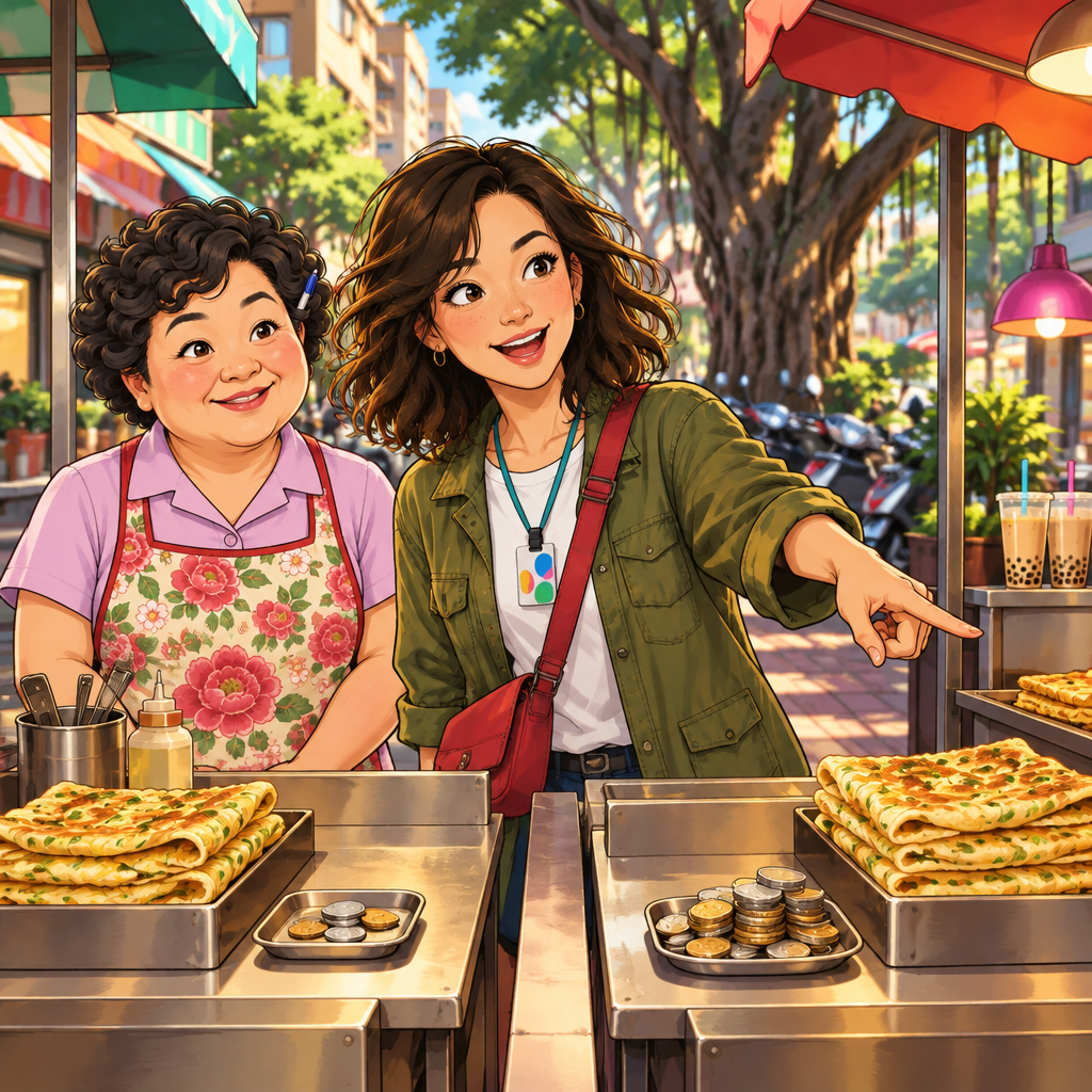 Maya points out that one egg-pancake stand is more expensive than the other as Auntie Lin listens.