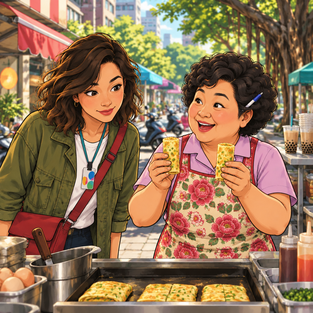 Auntie Lin indicates that two egg-pancake options are the same while Maya examines them.