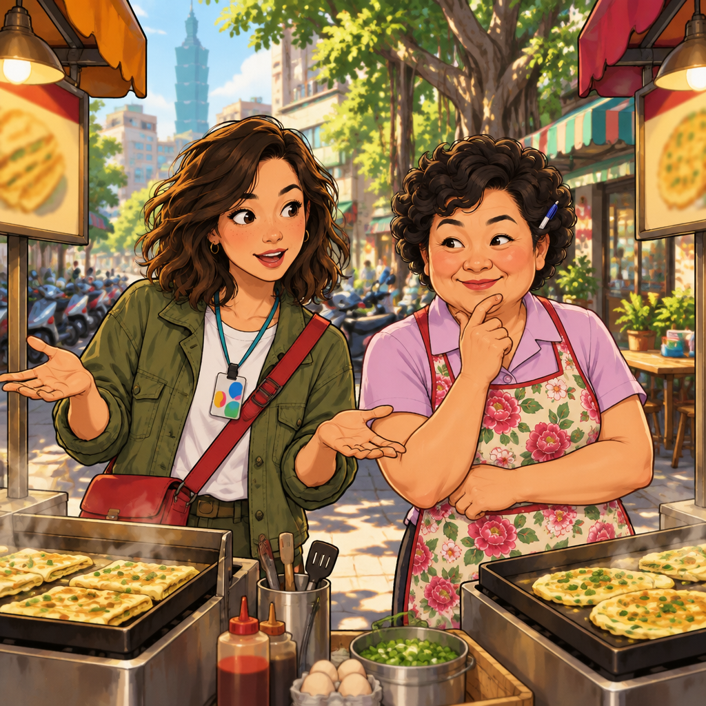 Maya asks which stand is cheaper while Auntie Lin considers the two options.