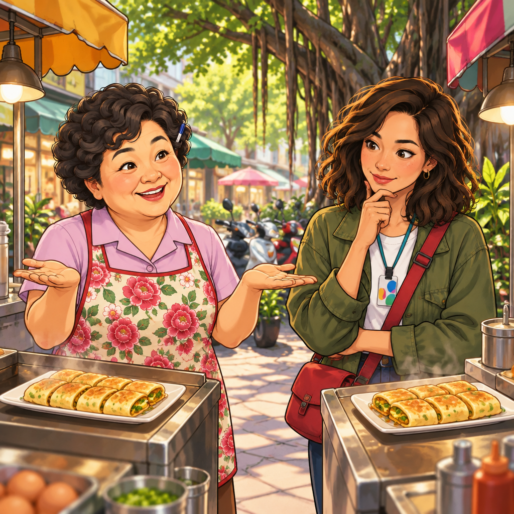 Auntie Lin gives a balanced gesture to show the two options are about the same as Maya compares them.