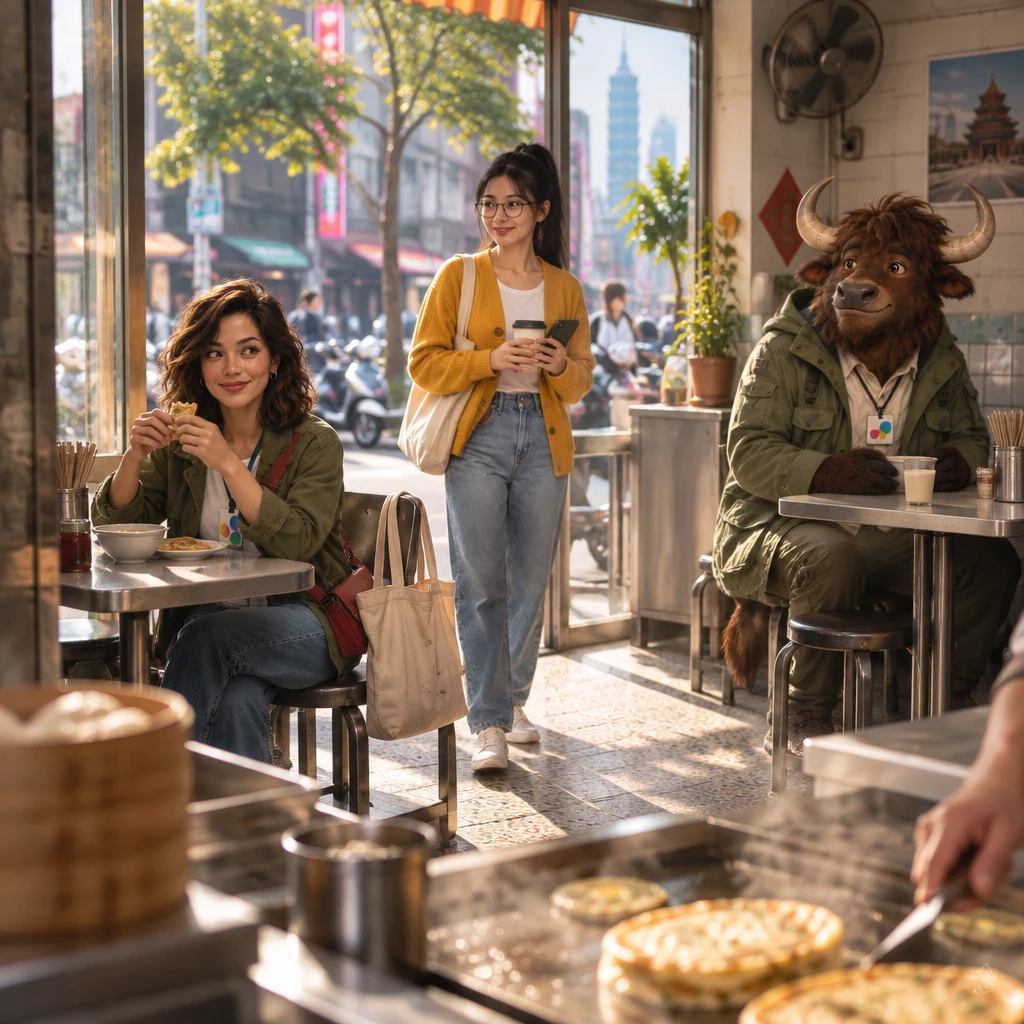 Morning light fills a Taipei breakfast shop as Maya sits near the front with a tote, Yi-Jun arrives holding coffee, and A-Li the yak occupies a pair of stools at the back table beside unfinished soy milk.
