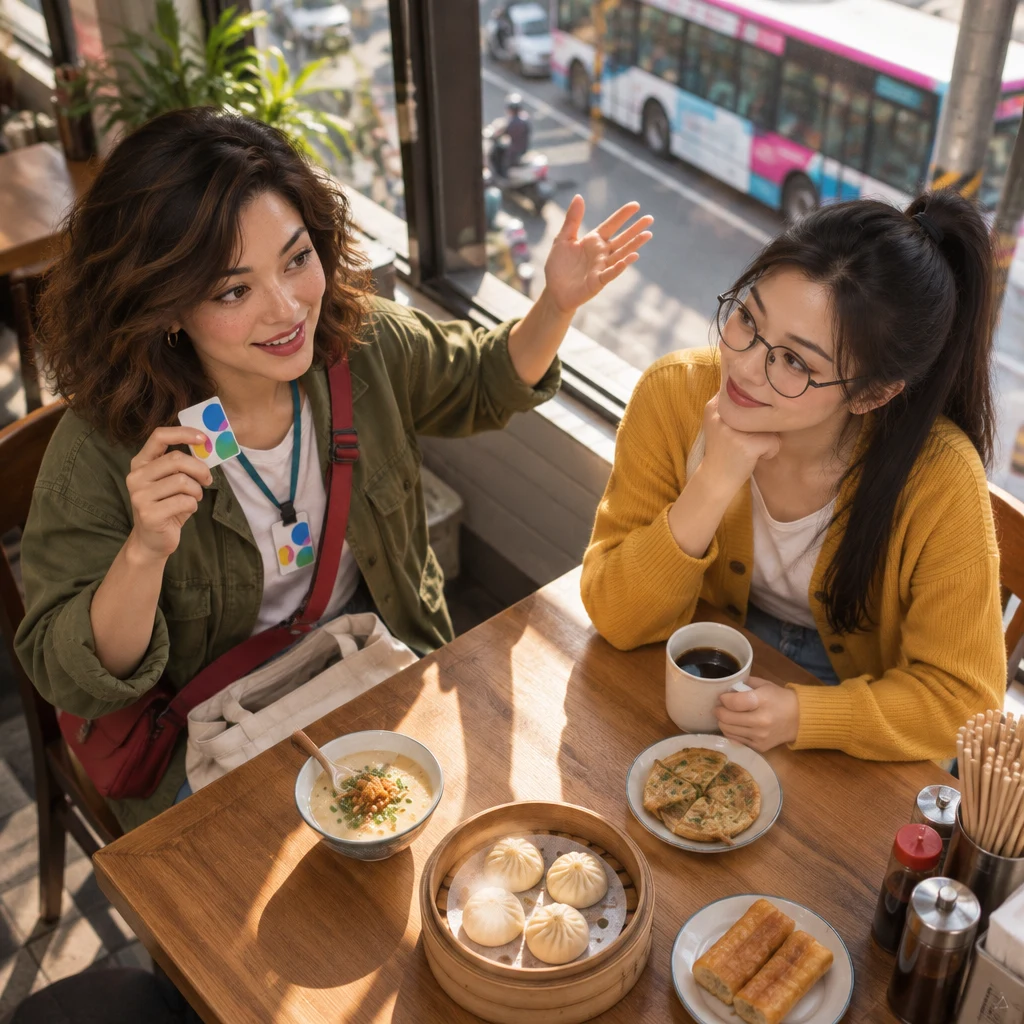 From above, Maya lifts both hands to different heights to weigh a street bus against a transit card while Yi-Jun watches from across the table.