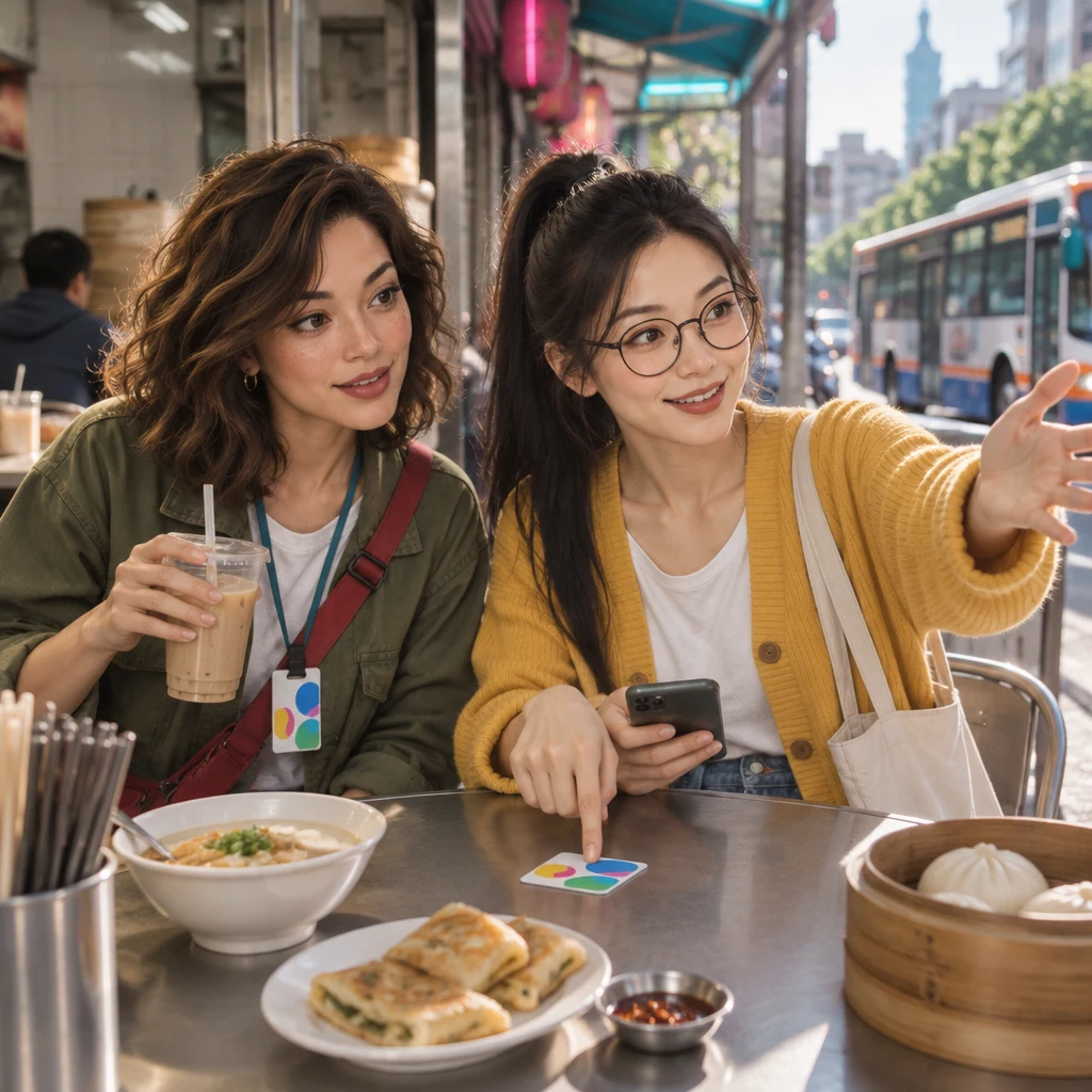 Yi-Jun splits the air with one hand and points at a transit card while the other hand opens toward a bus in the street, and Maya leans in holding a drink.