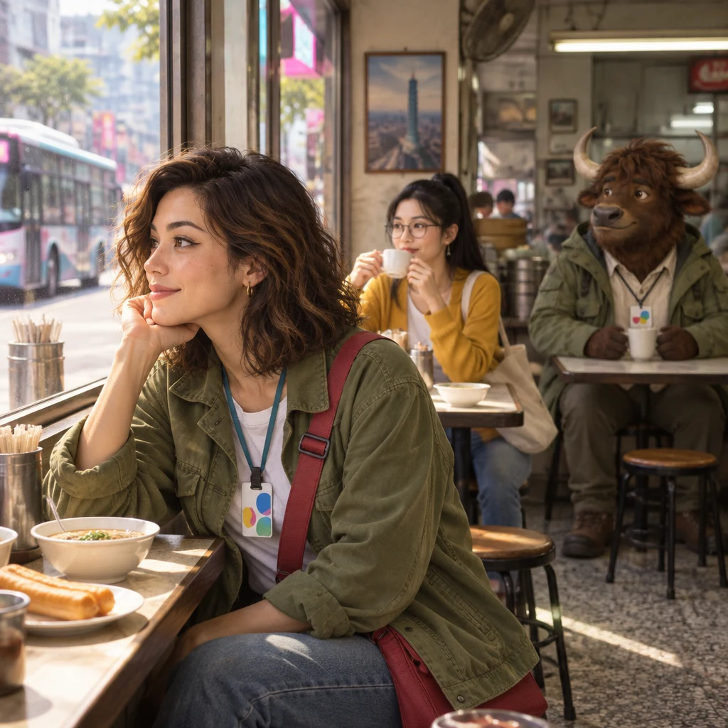 Maya twists toward the window in profile to watch a slow bus while Yi-Jun sips coffee and A-Li the yak stays on a pair of stools in back.