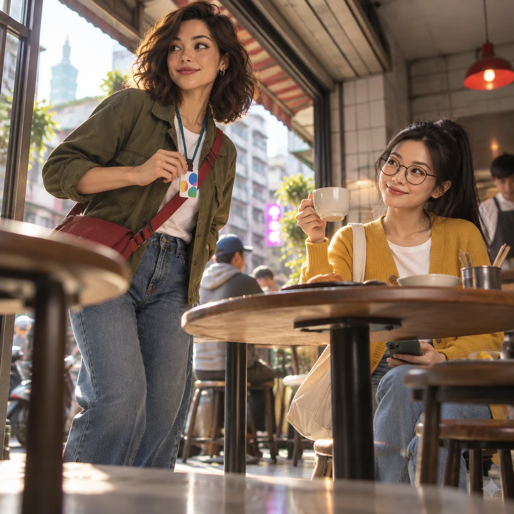 From below, Maya draws a transit card close, body angled toward the door, while Yi-Jun lifts a coffee cup in a small acknowledging gesture.