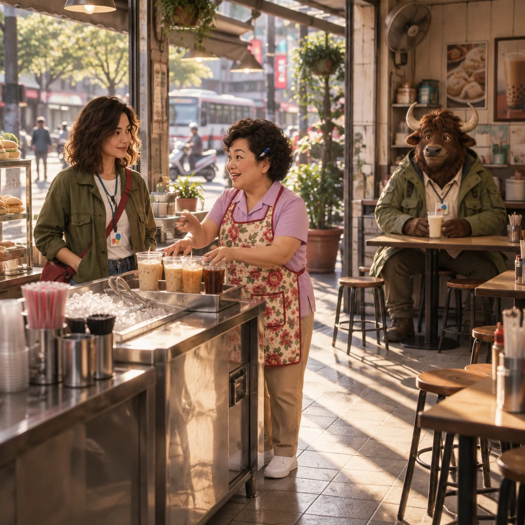 Maya waits at a sunny bubble-tea counter beside a breakfast shop while Auntie Lin gestures quickly at iced drinks and A-Li the yak sits on two stools in the back with unfinished soy milk.
