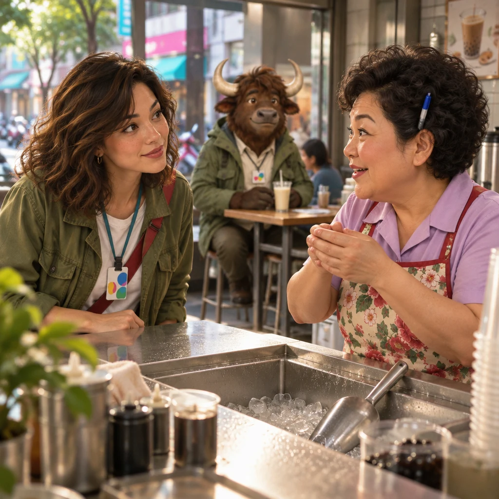 Auntie Lin compresses her explanation into a tight two-handed bundle aimed at the ice bin while Maya watches and A-Li the yak stays on two stools behind them.