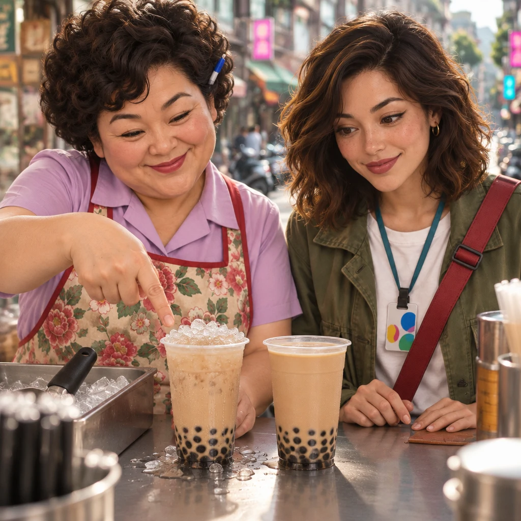 Auntie Lin points between a cup packed with ice and a cup with almost none so Maya can see the intended meaning.