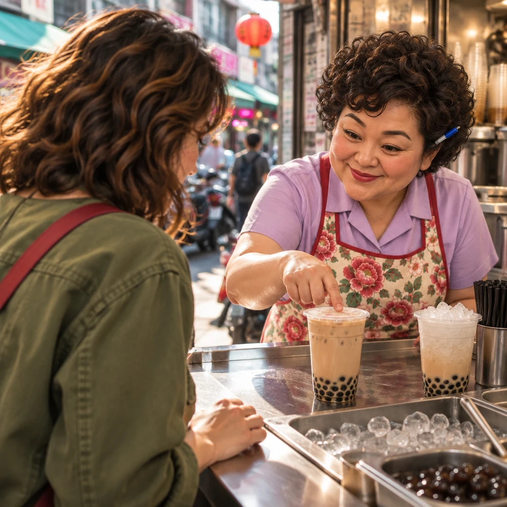 Auntie Lin leans over the counter and taps the less-iced cup as the one choice that matters while Maya leans in with her.