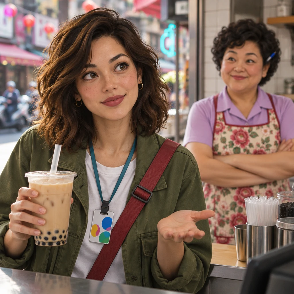 Maya holds a half-iced bubble-tea cup and tips one palm in a small recap gesture while Auntie Lin waits with folded arms.