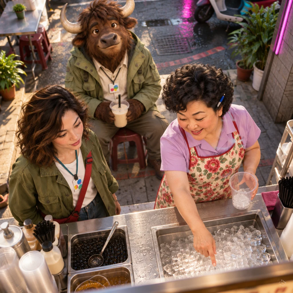 Auntie Lin points from a heap of ice in the sun to a cup with little ice to show cause then result while Maya tracks the gesture and A-Li the yak sits on two stools in back.