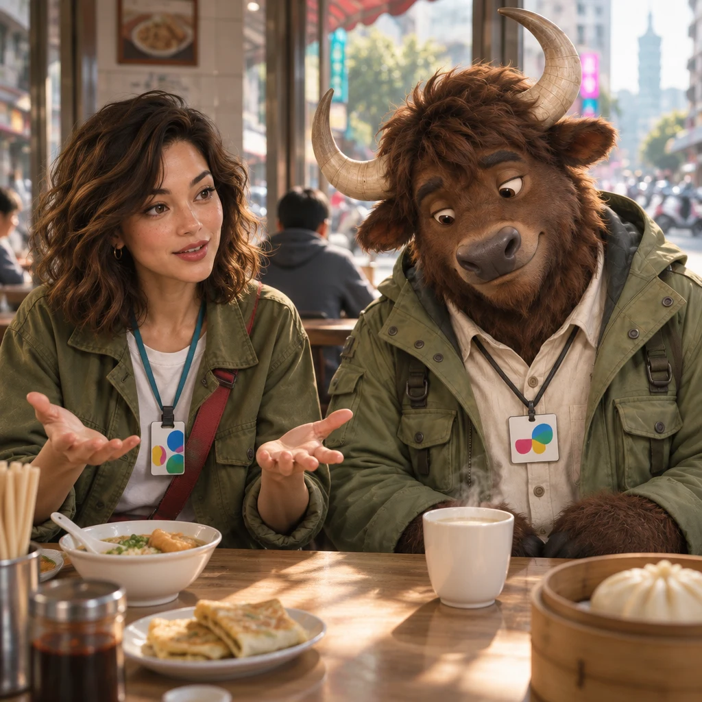 Maya turns both palms as if restating an idea while A-Li the yak, on a pair of stools, cocks his head toward his untouched soy milk.
