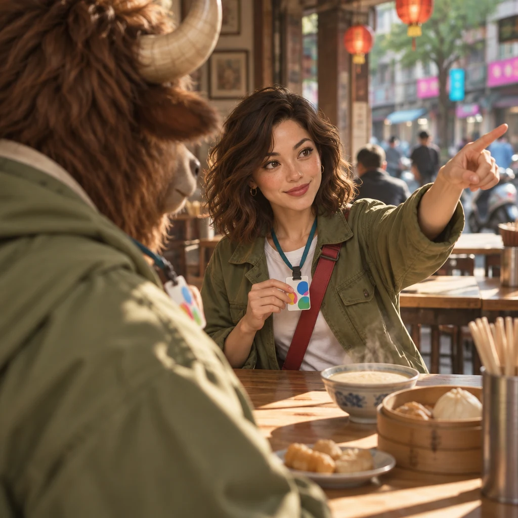 Maya pinches the hanging transit card and points from it toward an imaginary gate while A-Li the yak follows her finger.