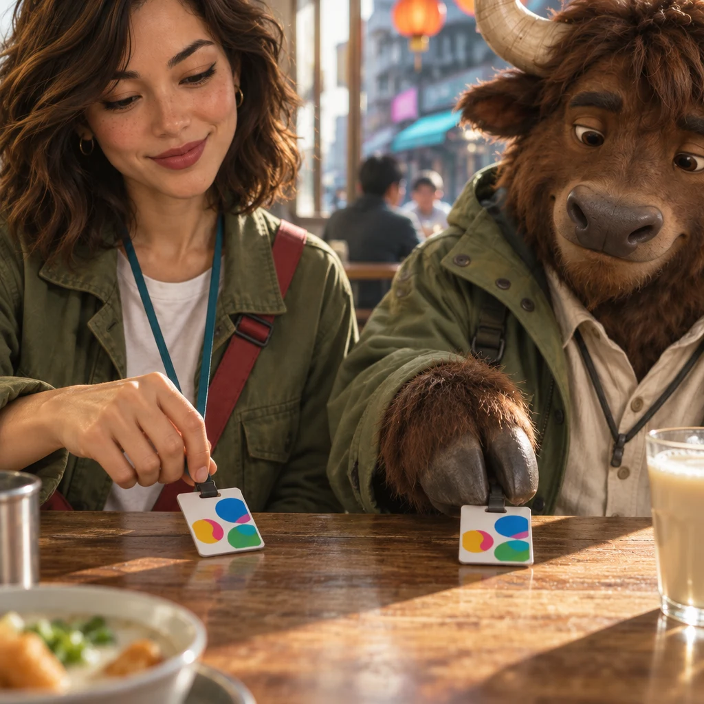 Maya slowly taps the transit card once on the table while A-Li the yak raises a hoof to copy that single motion.