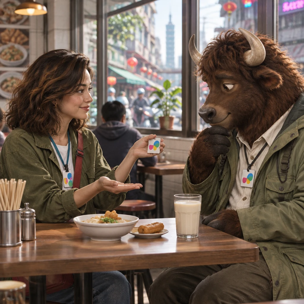 Maya holds the transit card in one hand and an empty other hand apart to show two different paths while A-Li the yak turns his head between them.