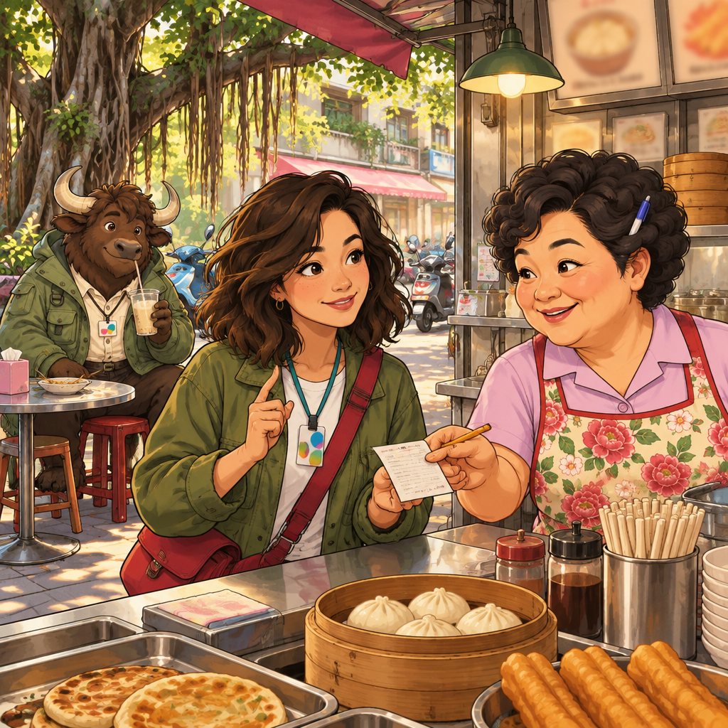 Maya holds out an order slip to Auntie Lin and gestures for her to write something down.