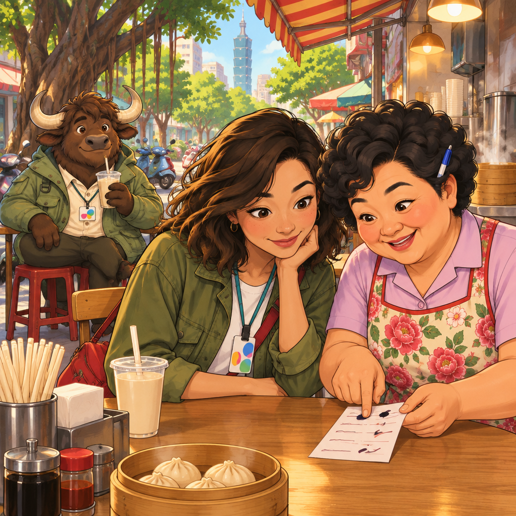 Maya looks closely as Auntie Lin points to a particular abstract mark on the order slip.