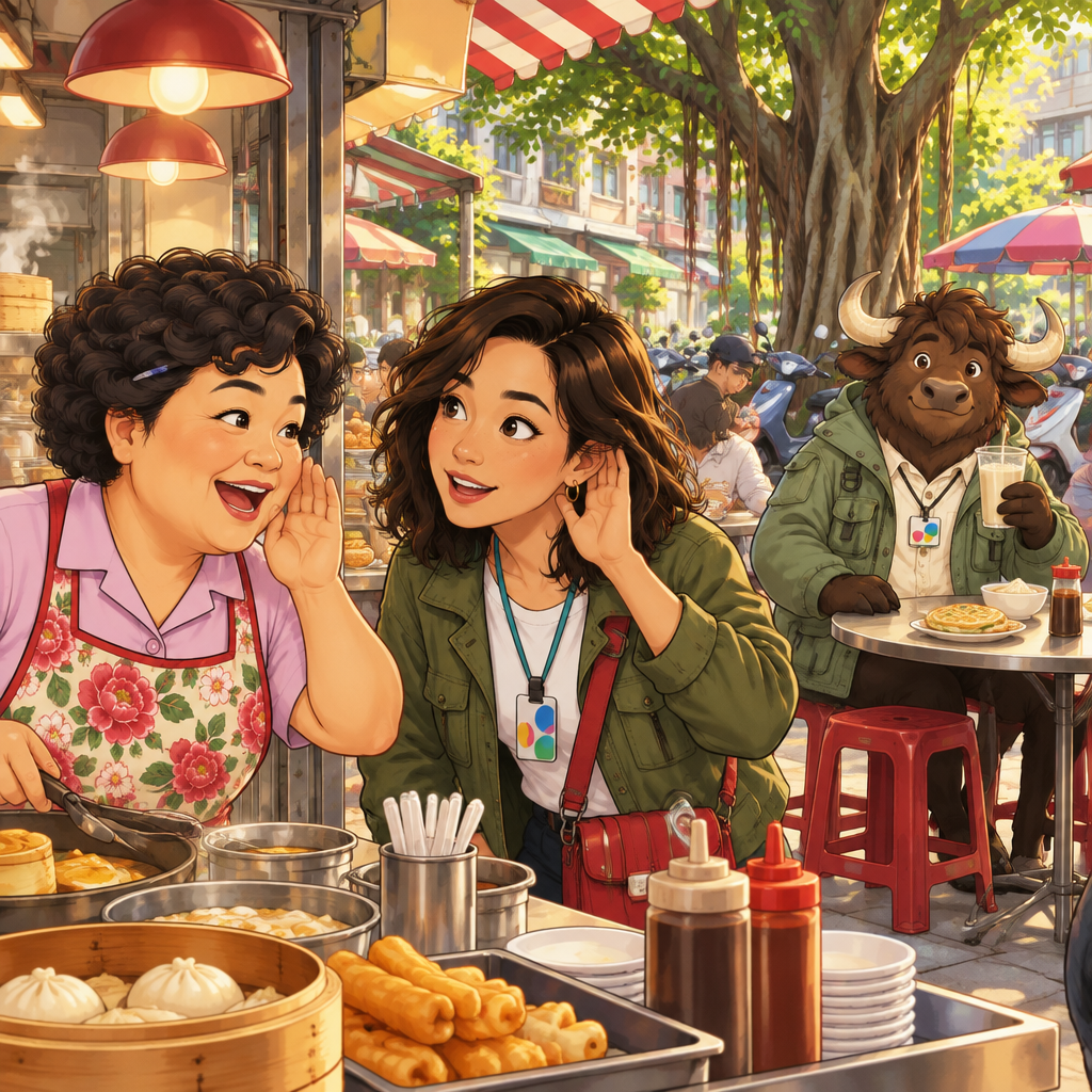 Maya cups a hand behind her ear and asks Auntie Lin to speak louder over the busy breakfast shop.