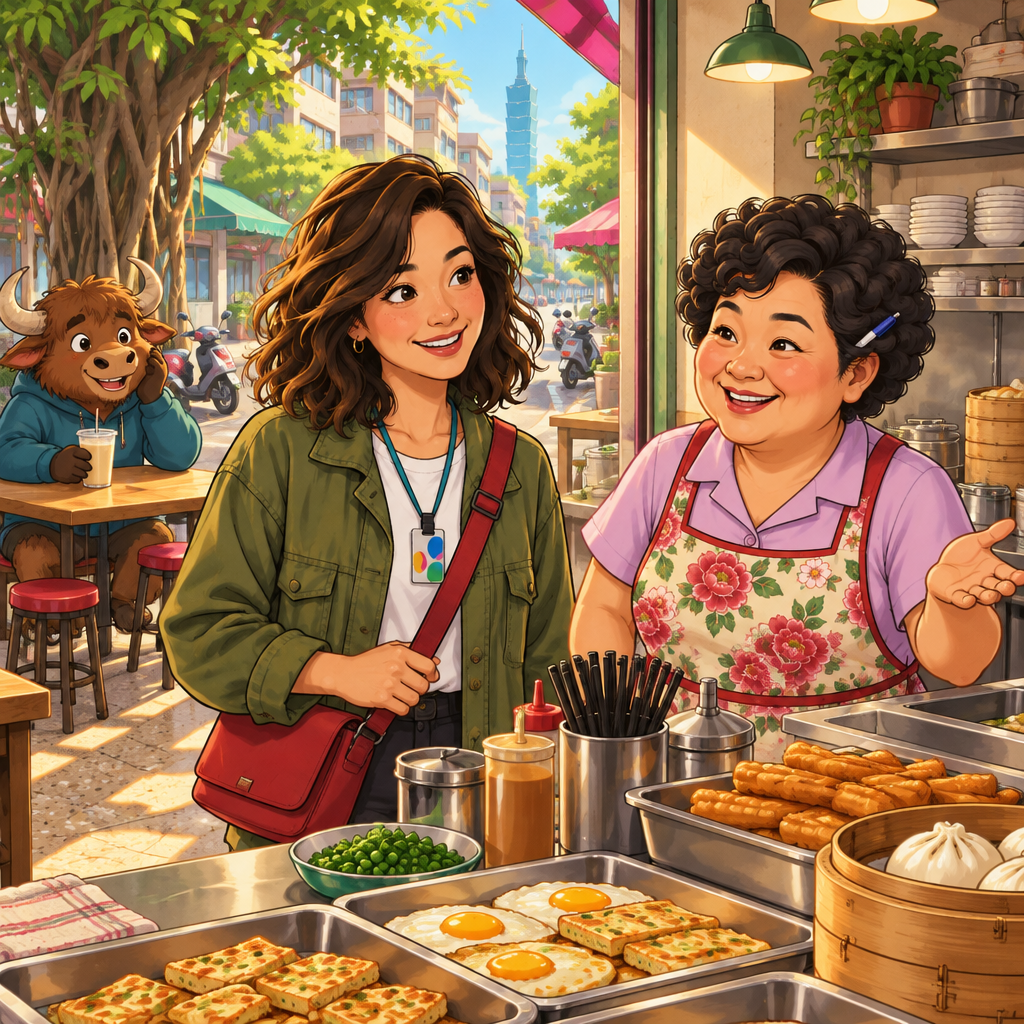 Morning light reaches the counter at Banyan Breakfast in Da'an. Auntie Lin welcomes Maya, while A-Li sits at the back with his soy milk beside him. He knows the shop well, but Maya has only just arrived. The greetings ar